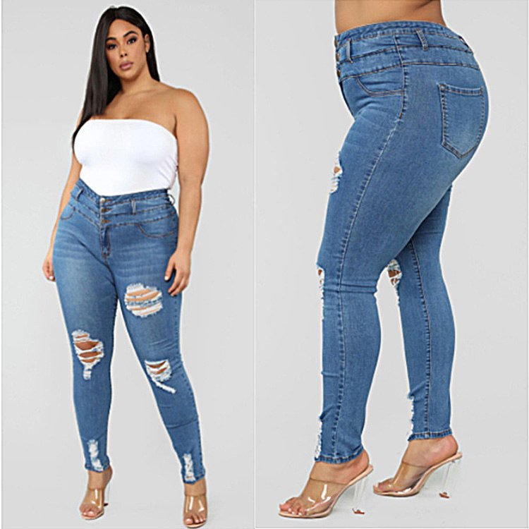 High waist ripped large size fat jeans - Image 5