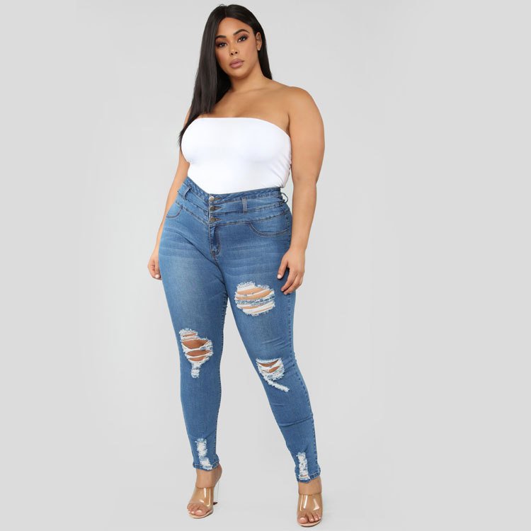 High waist ripped large size fat jeans - Image 4